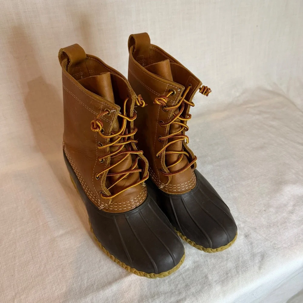 LL Bean Boots 8 Inch Duck Boots Brown Tan Leather Waterproof Mens 10 Made in USA